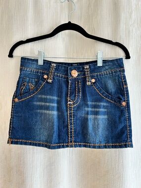 True Religion Dark Blue Denim Mini Skirt with Contrast Stitching
